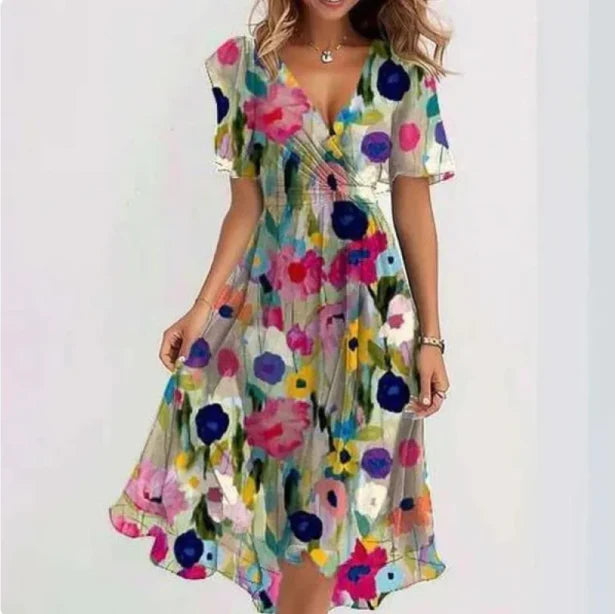 Cotton V-Neck Midi Dress Women's Summer Elegant Chiffon