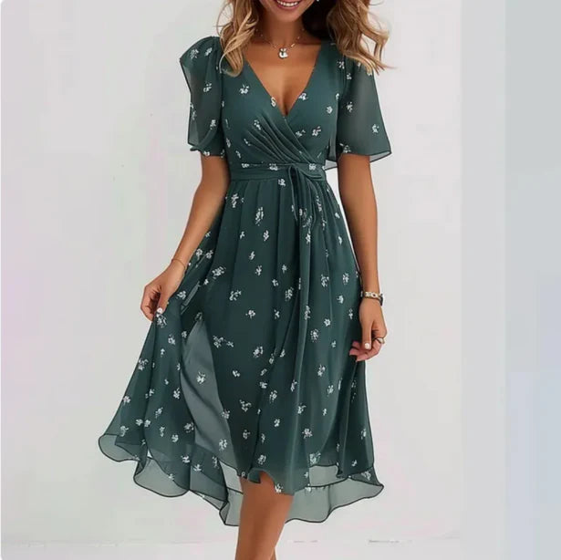 Cotton V-Neck Midi Dress Women's Summer Elegant Chiffon