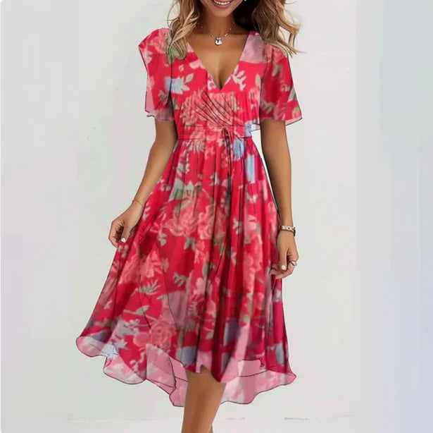 Cotton V-Neck Midi Dress Women's Summer Elegant Chiffon