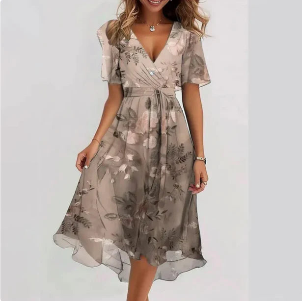 Cotton V-Neck Midi Dress Women's Summer Elegant Chiffon