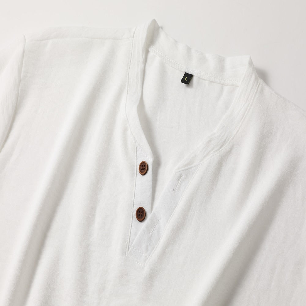 Men's Summer Cotton Linen V-Neck Shirt Henley Casual Top