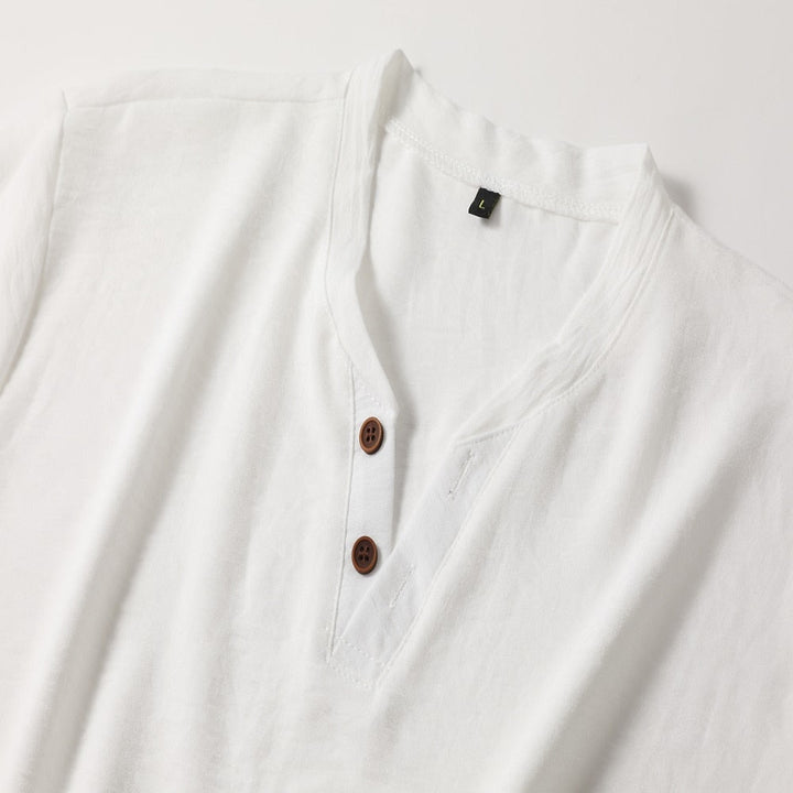 Men's Summer Cotton Linen V-Neck Shirt Henley Casual Top