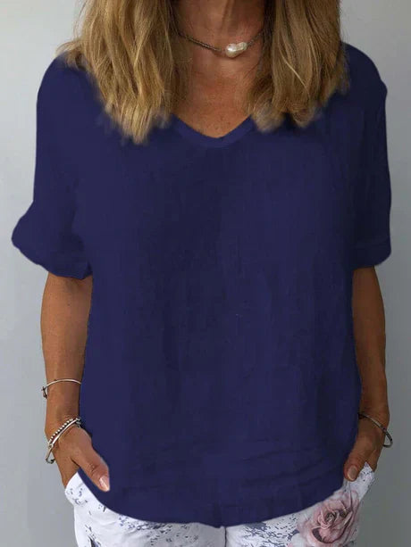 Women's Cotton V-Neck T-Shirt Relaxed Fit Short Sleeve Summer Tunic Top