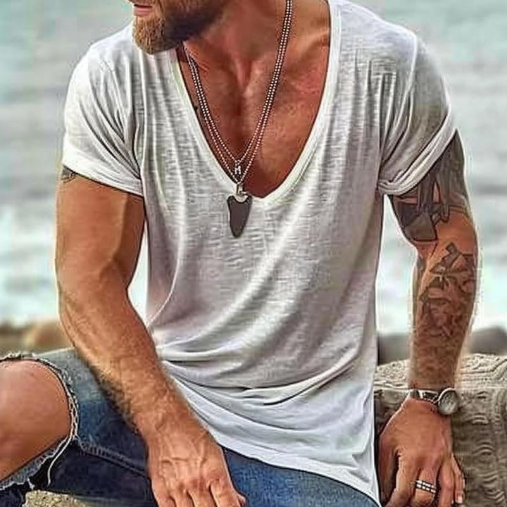 Men's Deep V-Neck Summer Lightweight Fleece T-Shirt
