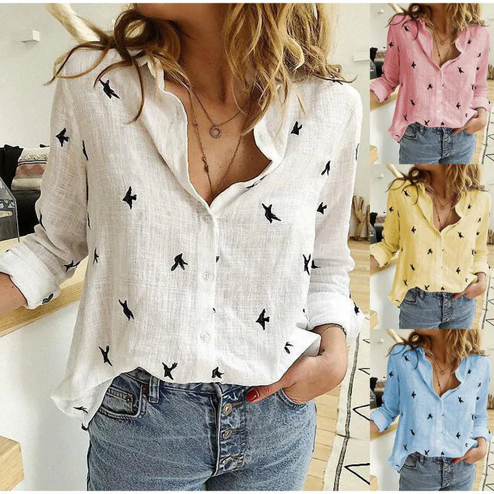 Cotton Blend Bird Print Long Sleeve Shirt For Women Lightweight & Breathable