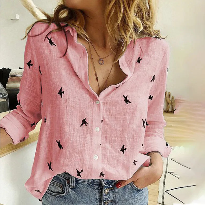 Cotton Blend Bird Print Long Sleeve Shirt For Women Lightweight & Breathable