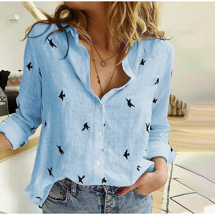 Cotton Blend Bird Print Long Sleeve Shirt For Women Lightweight & Breathable