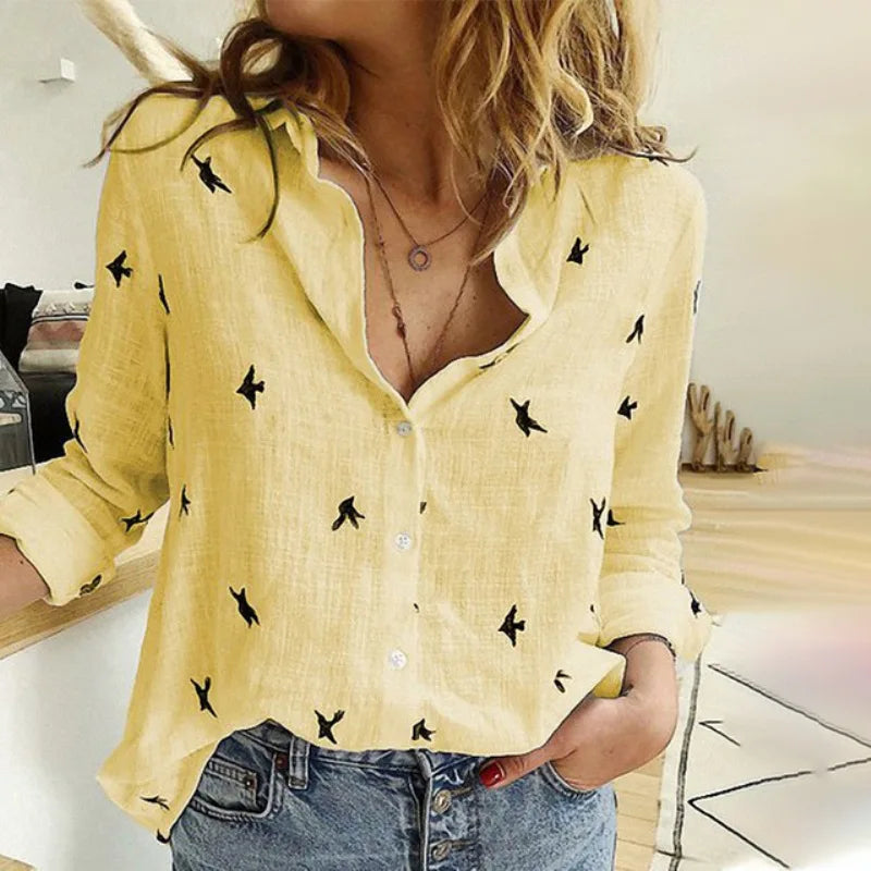 Cotton Blend Bird Print Long Sleeve Shirt For Women Lightweight & Breathable