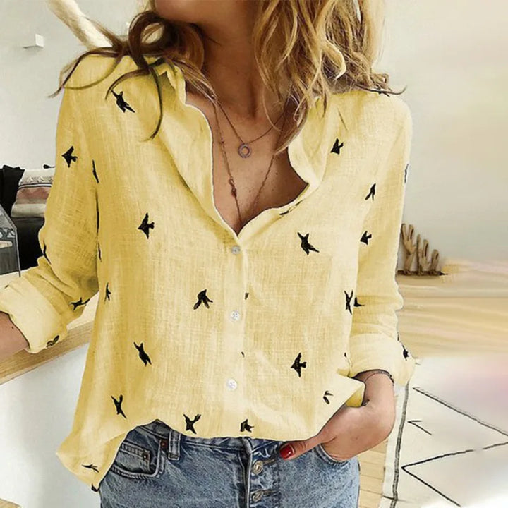 Cotton Blend Bird Print Long Sleeve Shirt For Women Lightweight & Breathable