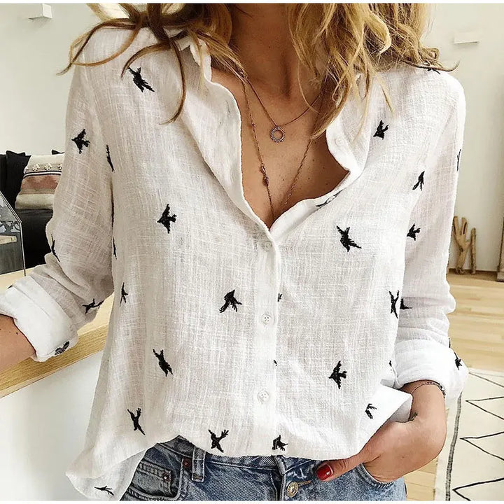 Cotton Blend Bird Print Long Sleeve Shirt For Women Lightweight & Breathable