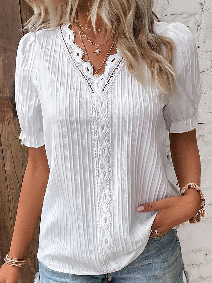 Women's V-Neck Blouse Summer Fashion Breathable Cotton Lace Short Sleeve Top