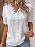 Women's V-Neck Blouse Summer Fashion Breathable Cotton Lace Short Sleeve Top