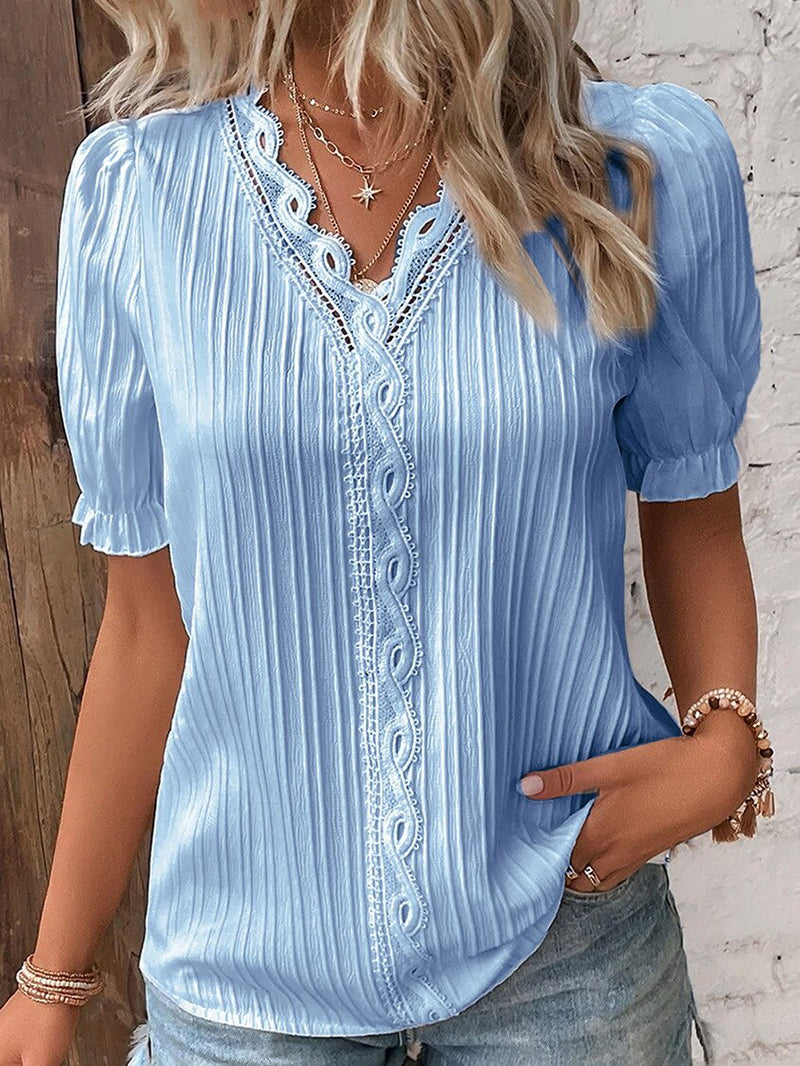 Women's V-Neck Blouse Summer Fashion Breathable Cotton Lace Short Sleeve Top