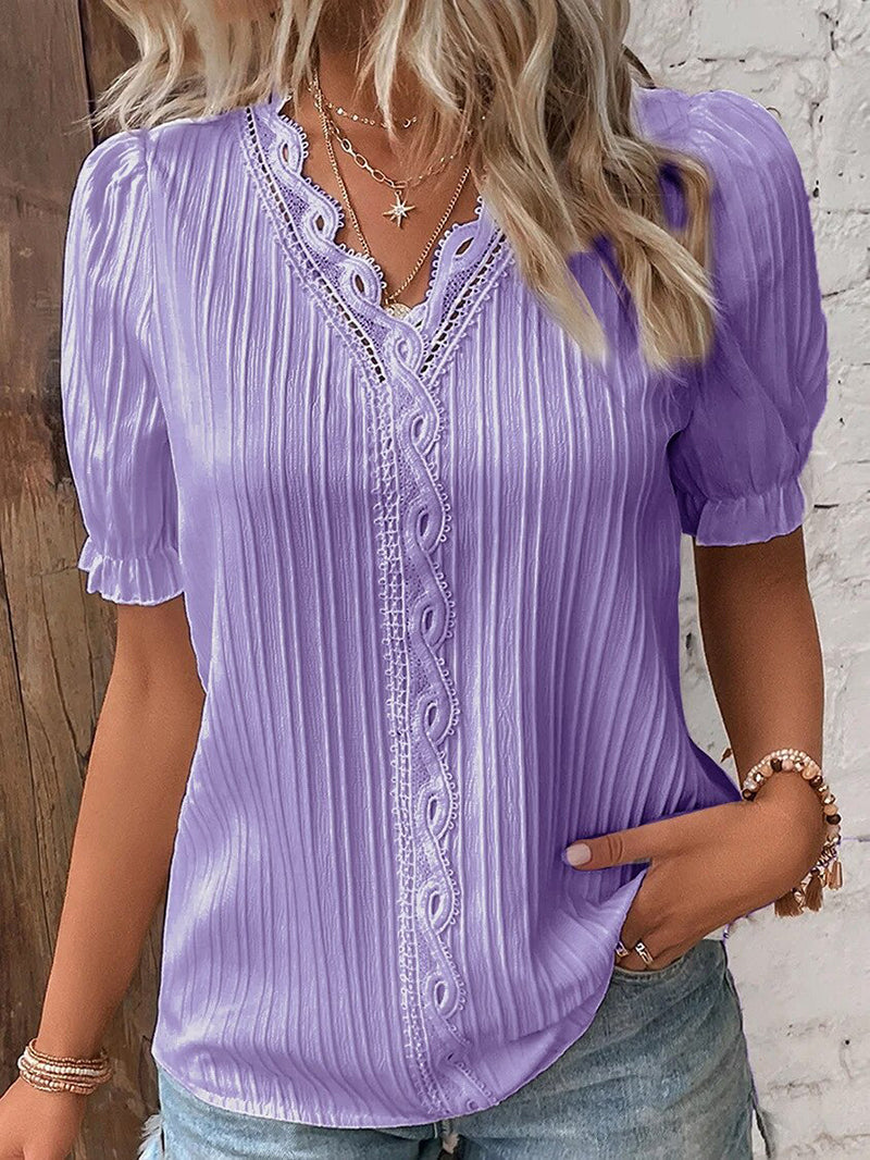 Women's V-Neck Blouse Summer Fashion Breathable Cotton Lace Short Sleeve Top