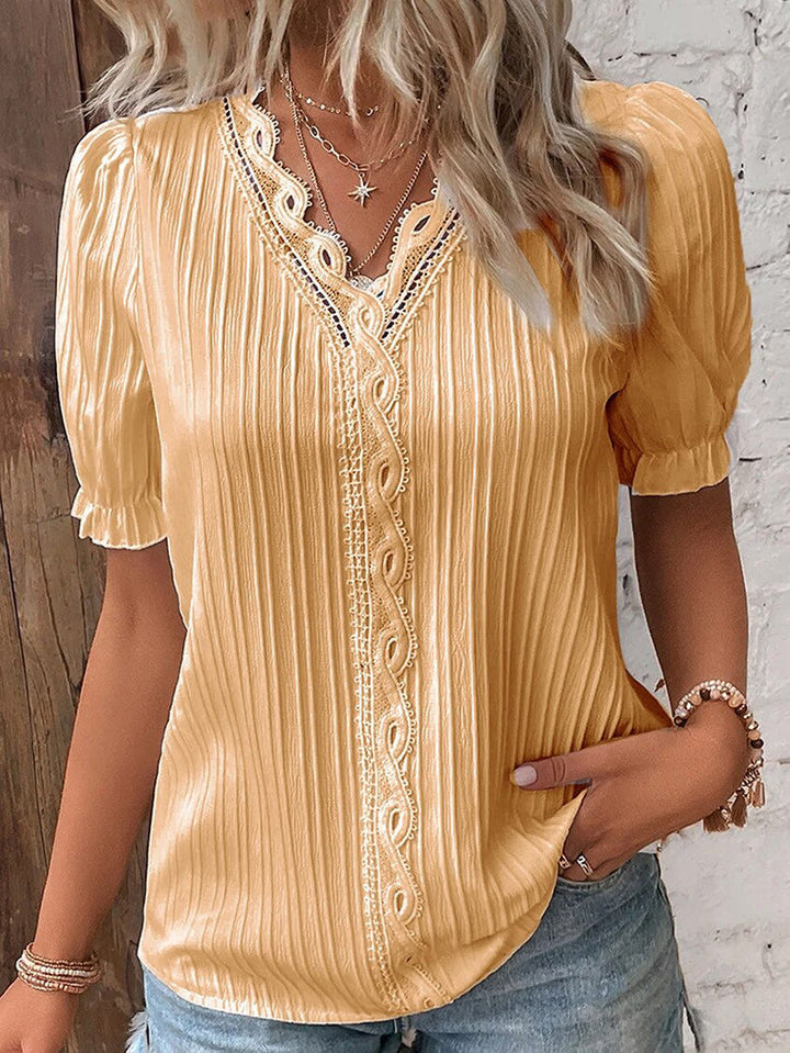 Women's V-Neck Blouse Summer Fashion Breathable Cotton Lace Short Sleeve Top