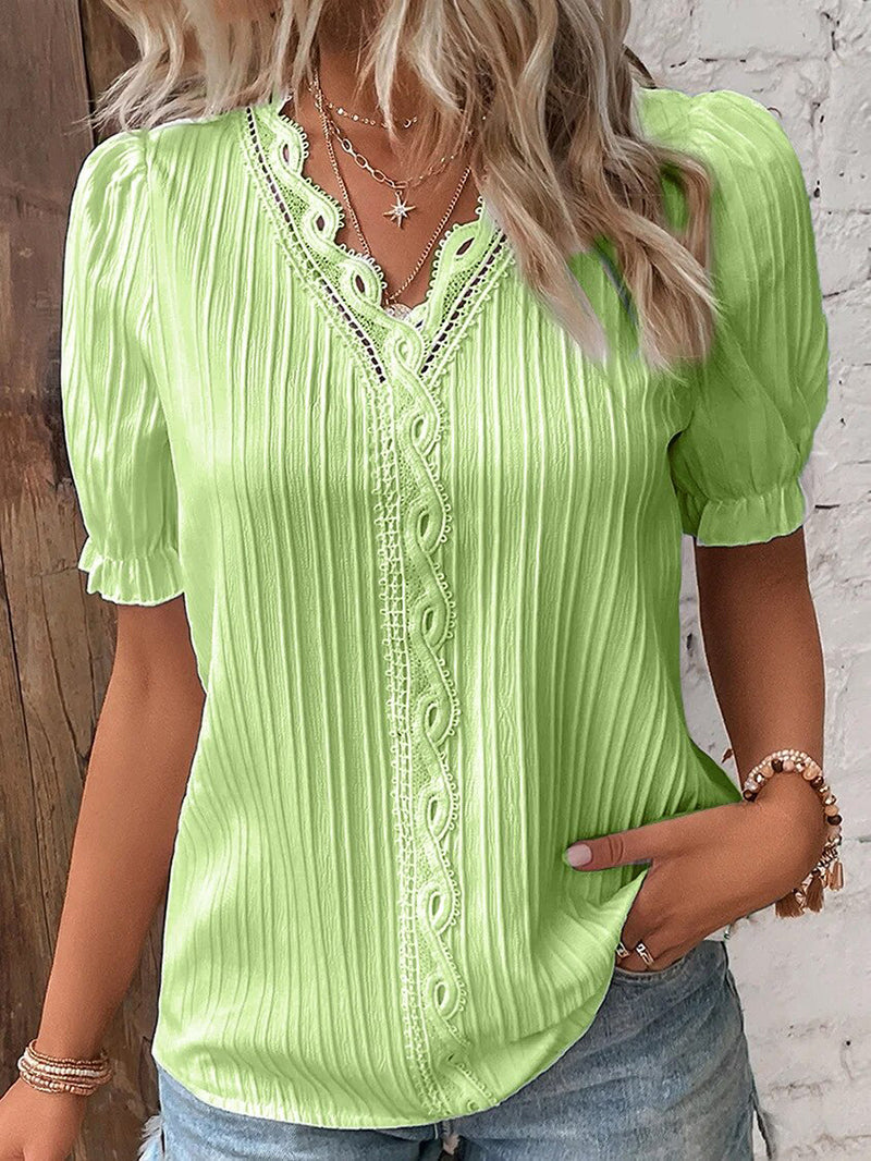 Women's V-Neck Blouse Summer Fashion Breathable Cotton Lace Short Sleeve Top