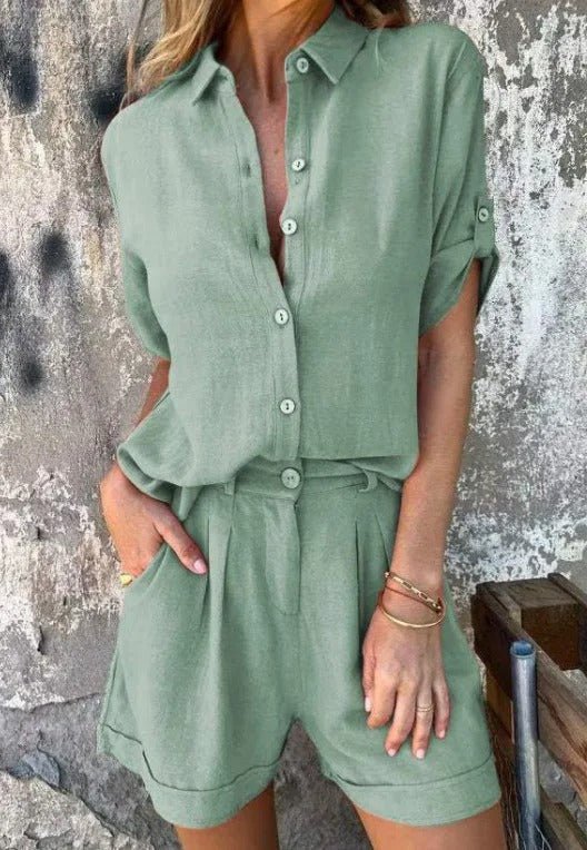 Linen Blend Two Piece Button Up Shirt and Shorts Lounge Set Summer For Women