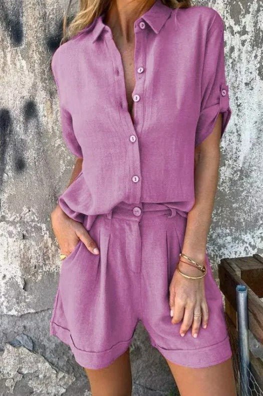 Linen Blend Two Piece Button Up Shirt and Shorts Lounge Set Summer For Women