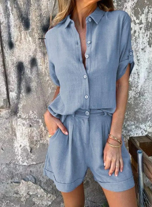 Linen Blend Two Piece Button Up Shirt and Shorts Lounge Set Summer For Women