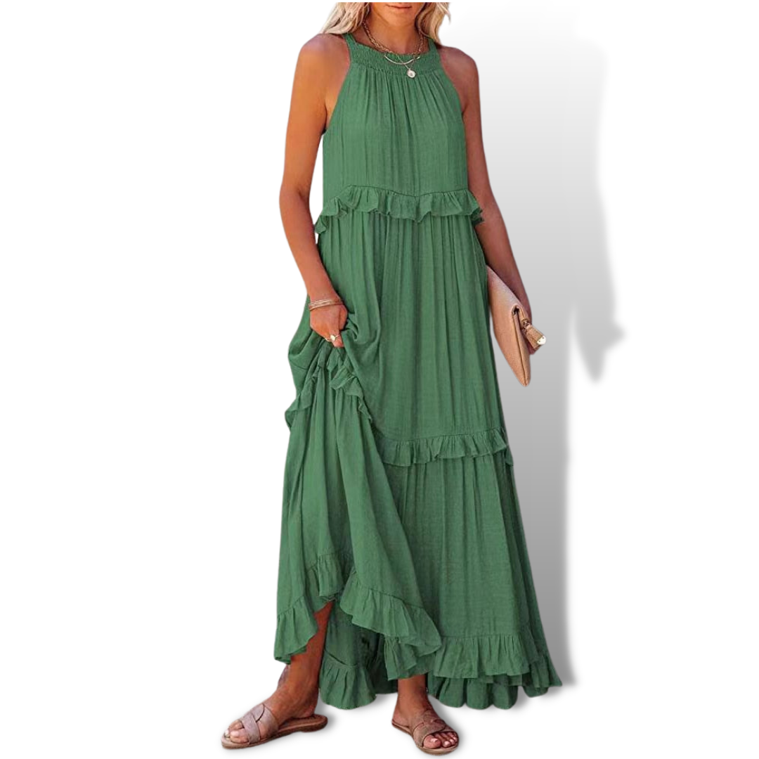Women's Maxi Dress Summer Fashion Breathable Cotton Linen Tiered Sleeveless Gown