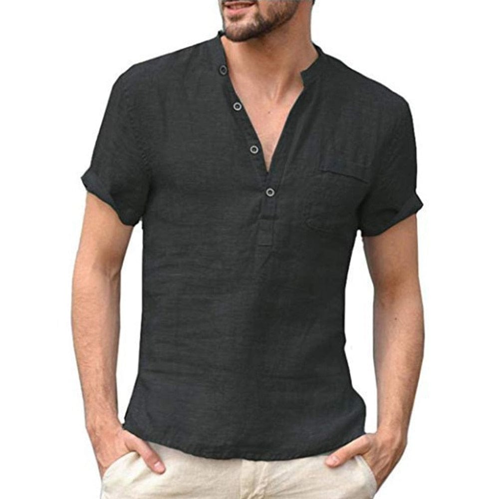 Men's Henley Shirt Short Sleeve Cotton Linen Summer Casual Top