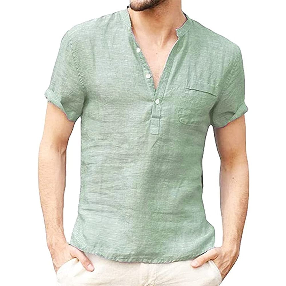Men's Henley Shirt Short Sleeve Cotton Linen Summer Casual Top