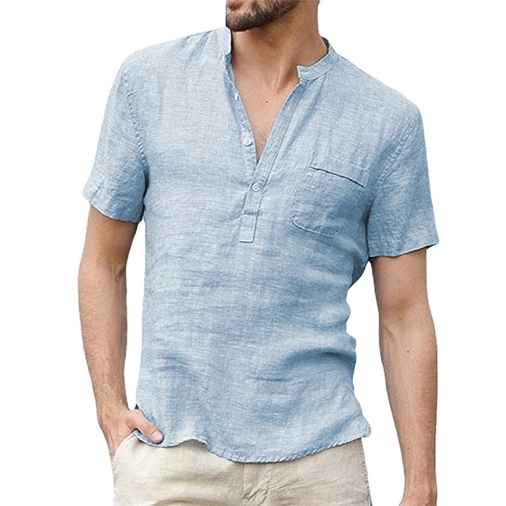 Men's Henley Shirt Short Sleeve Cotton Linen Summer Casual Top