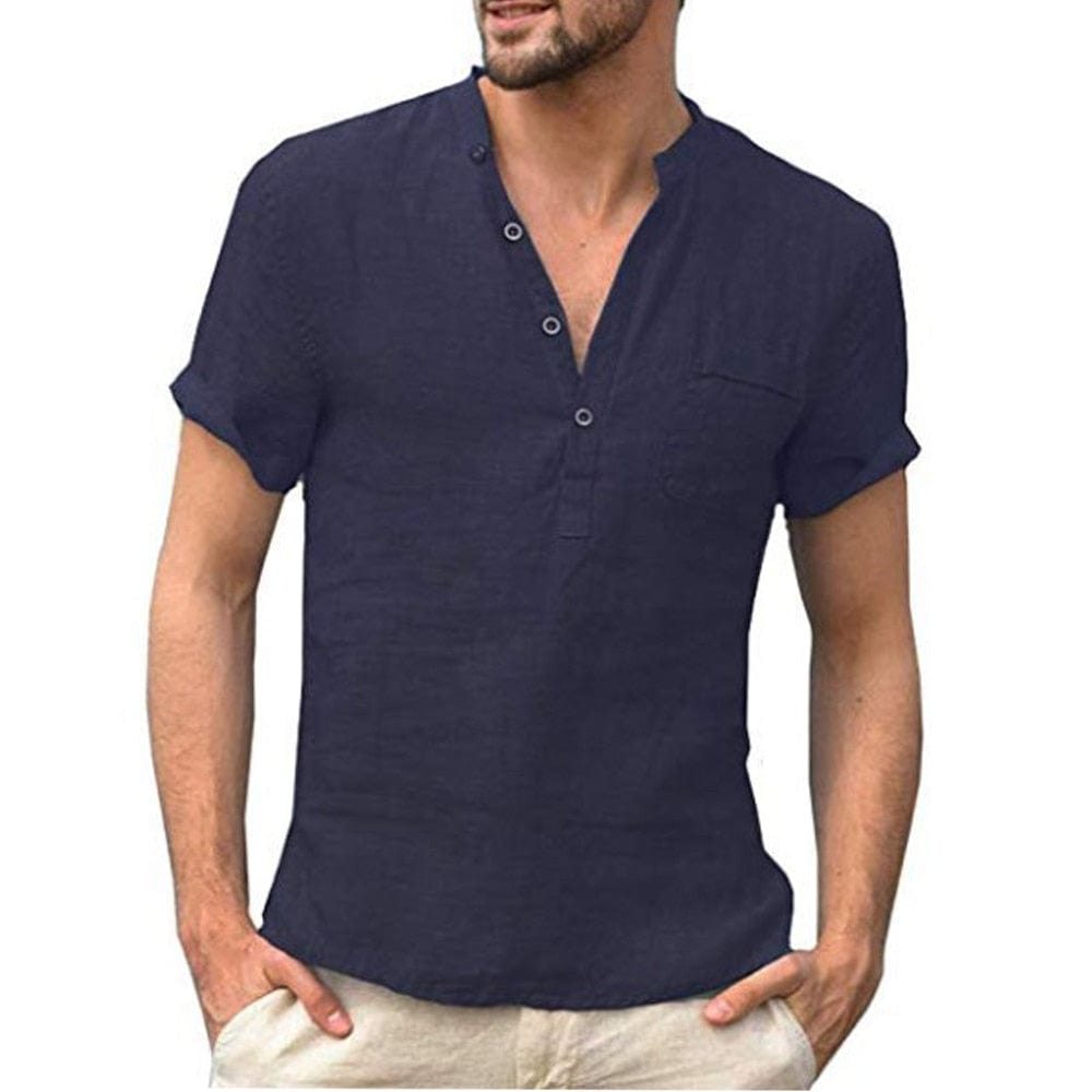 Men's Henley Shirt Short Sleeve Cotton Linen Summer Casual Top