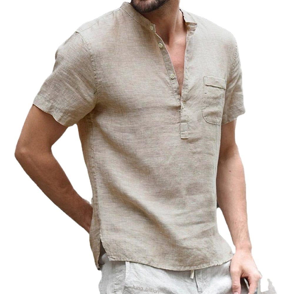 Men's Henley Shirt Short Sleeve Cotton Linen Summer Casual Top
