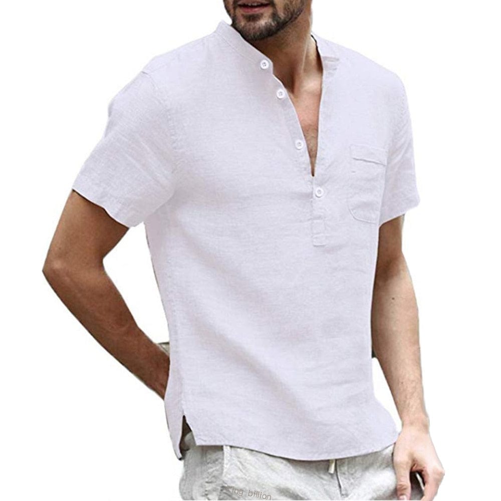 Men's Henley Shirt Short Sleeve Cotton Linen Summer Casual Top