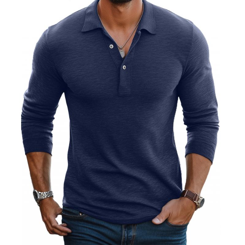 Long Sleeve Men's Polo Shirt Cotton Knit Slim Fit Summer Top