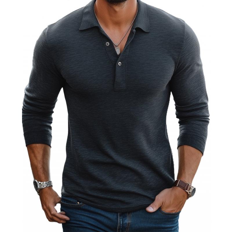 Long Sleeve Men's Polo Shirt Cotton Knit Slim Fit Summer Top