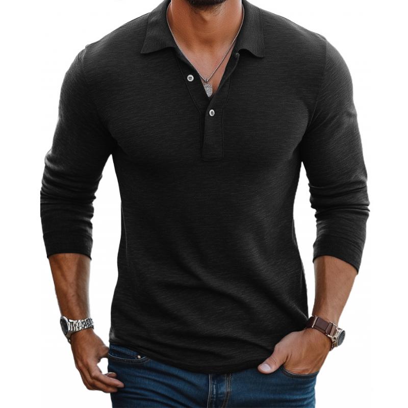 Long Sleeve Men's Polo Shirt Cotton Knit Slim Fit Summer Top