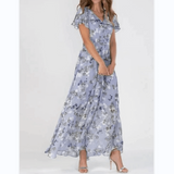 Floral Chiffon Maxi Dress Women's Tiered Ruffle Flutter Sleeve Gown