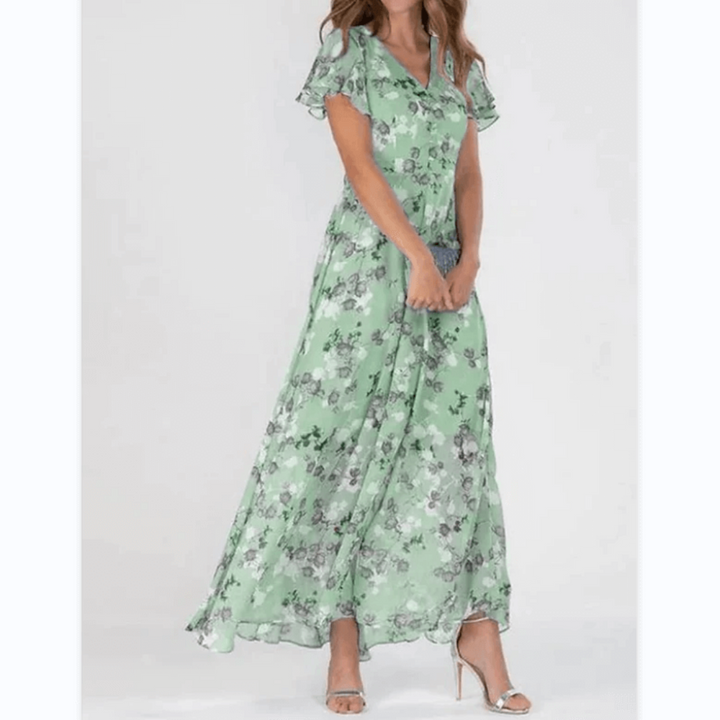 Floral Chiffon Maxi Dress Women's Tiered Ruffle Flutter Sleeve Gown