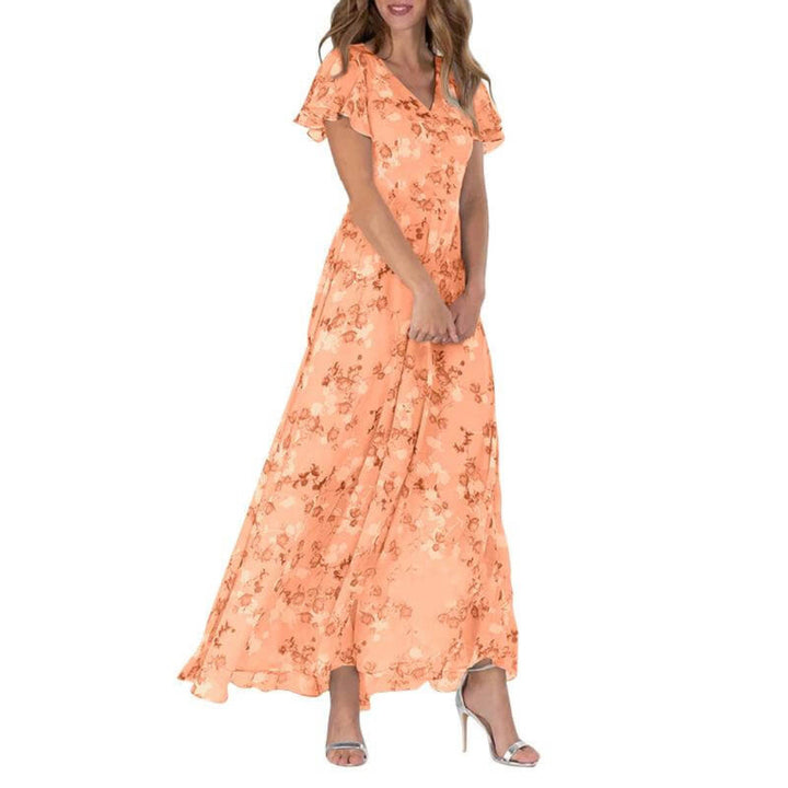 Floral Chiffon Maxi Dress Women's Tiered Ruffle Flutter Sleeve Gown
