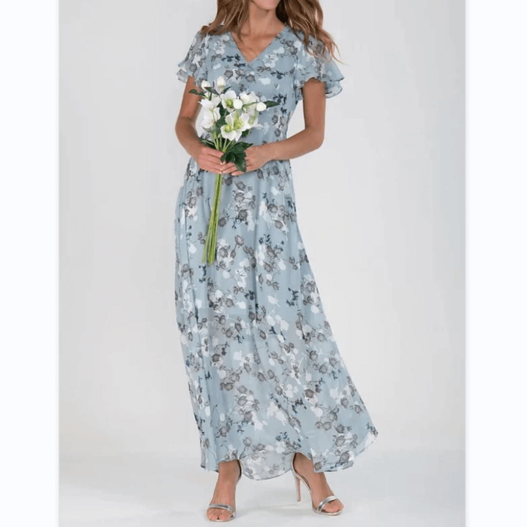 Floral Chiffon Maxi Dress Women's Tiered Ruffle Flutter Sleeve Gown