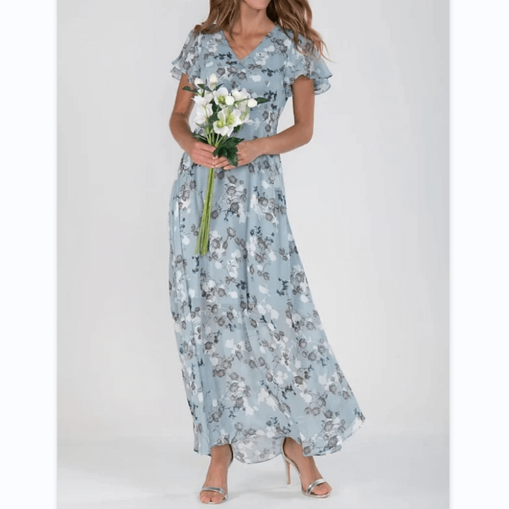 Floral Chiffon Maxi Dress Women's Tiered Ruffle Flutter Sleeve Gown