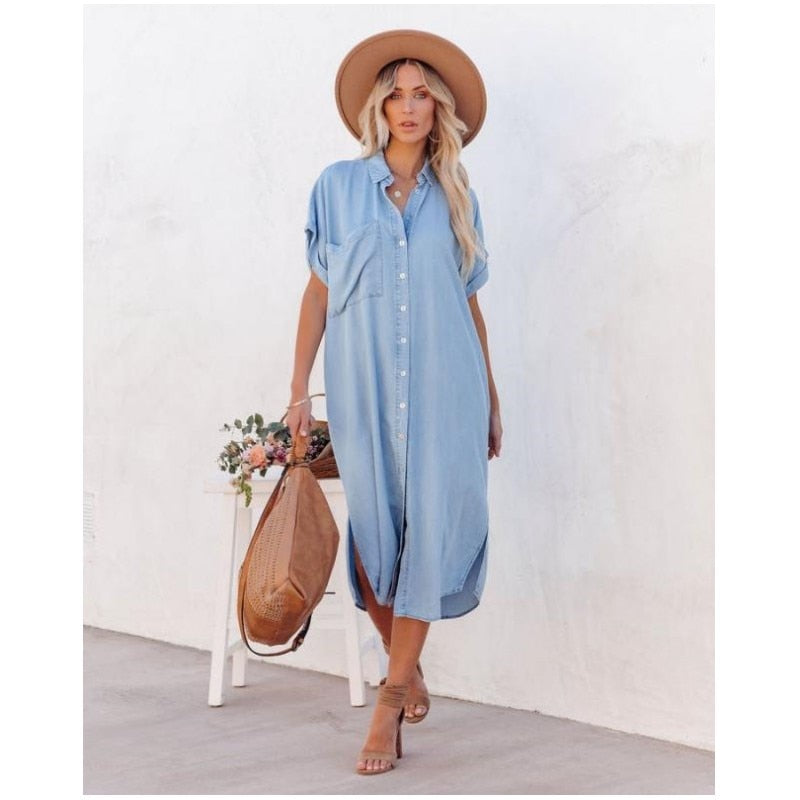 Women's Summer Denim Cotton Shirt Mini Dress