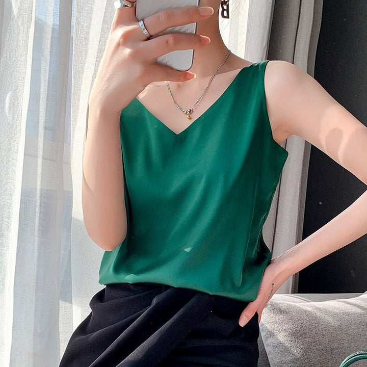 Silk Tank Top Women's Cotton Blend V-Neck Sleeveless Blouse Summer Camisole