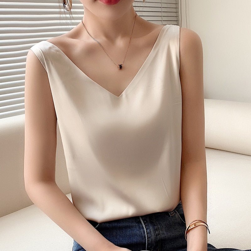 Silk Tank Top Women's Cotton Blend V-Neck Sleeveless Blouse Summer Camisole