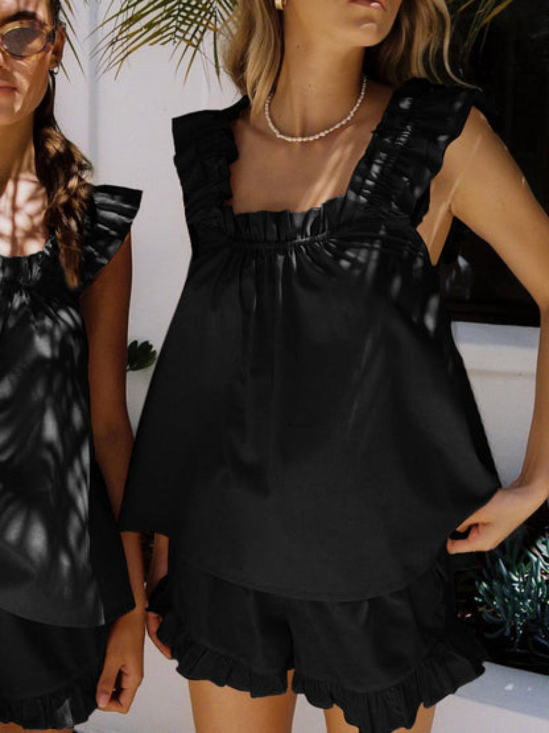 Two-piece Ruffle Pajama Set Lightweight Cotton Summer Sleepwear for Women