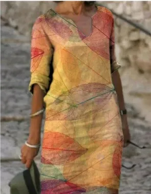 Women's Printed Linen Blend V-Neck Midi Shift Dress