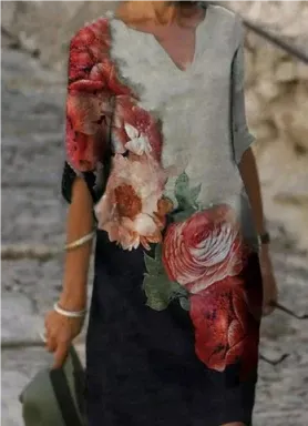 Women's Printed Linen Blend V-Neck Midi Shift Dress