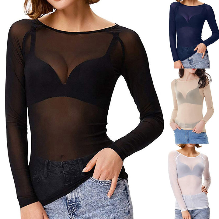 Women's Sheer Mesh Long Sleeve Top Summer Layering Shirt