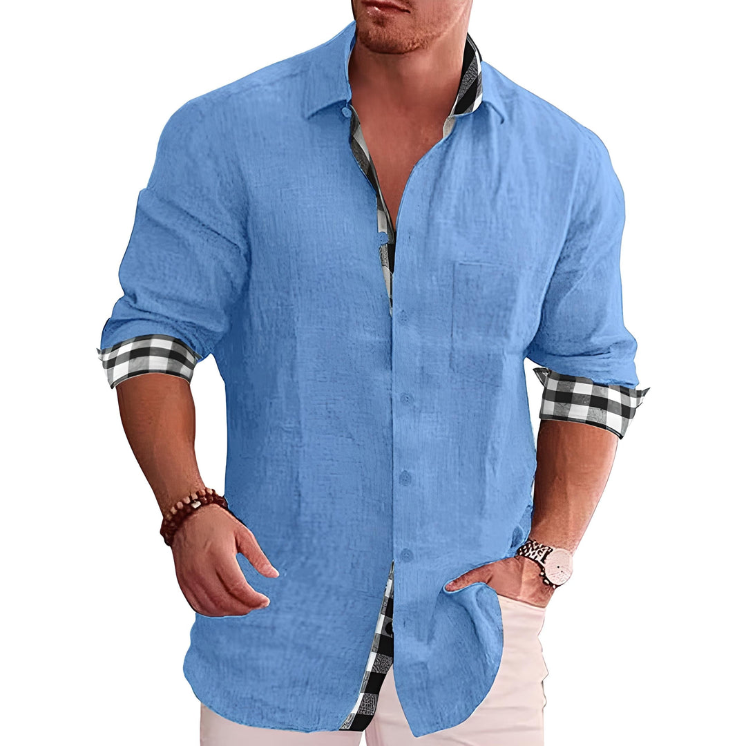 Men's Linen Shirt Casual Long Sleeve Summer Button Down Plaid Trimmed Fashion Top