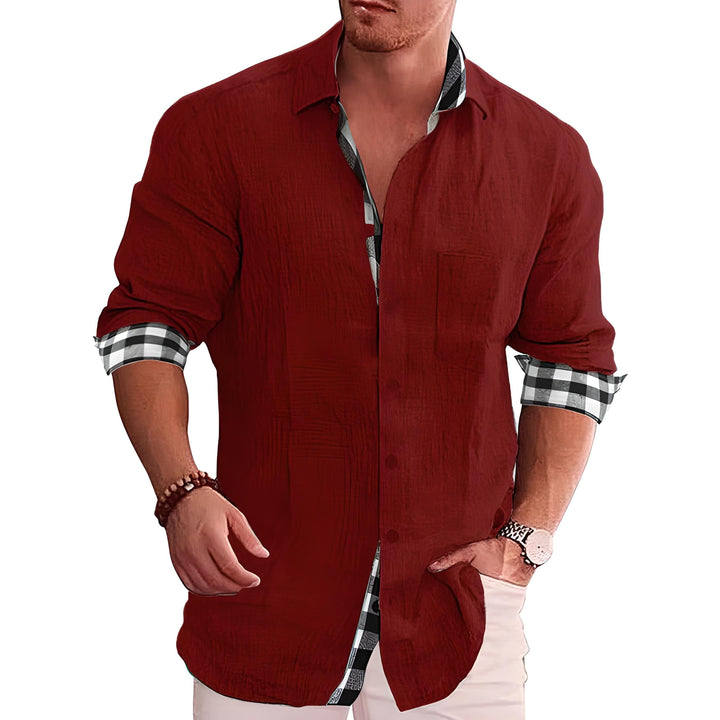 Men's Linen Shirt Casual Long Sleeve Summer Button Down Plaid Trimmed Fashion Top