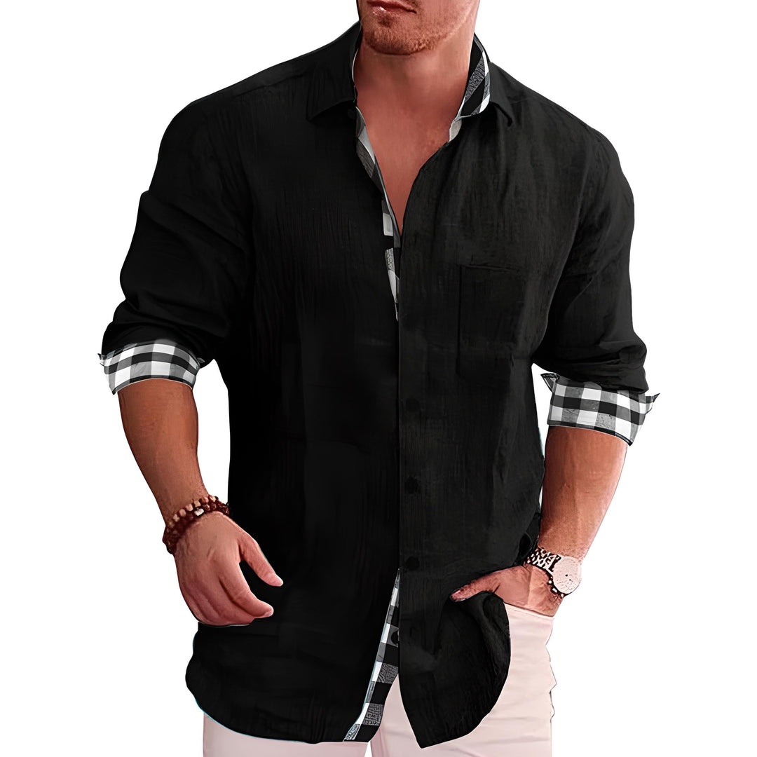 Men's Linen Shirt Casual Long Sleeve Summer Button Down Plaid Trimmed Fashion Top