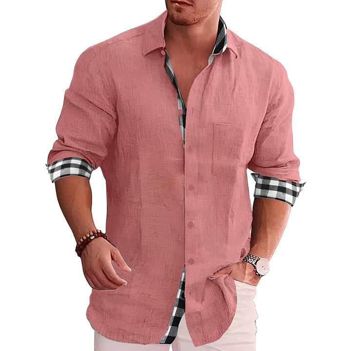 Men's Linen Shirt Casual Long Sleeve Summer Button Down Plaid Trimmed Fashion Top
