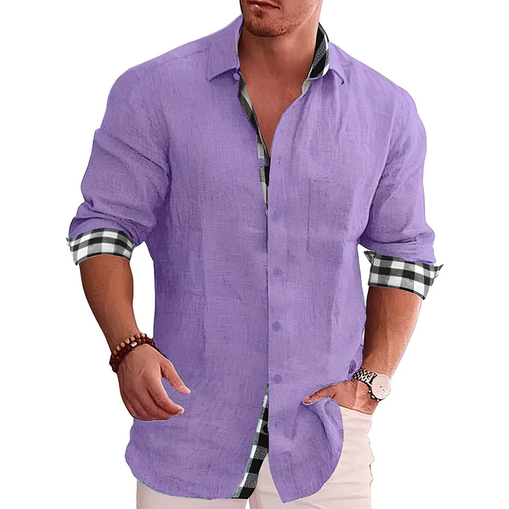 Men's Linen Shirt Casual Long Sleeve Summer Button Down Plaid Trimmed Fashion Top